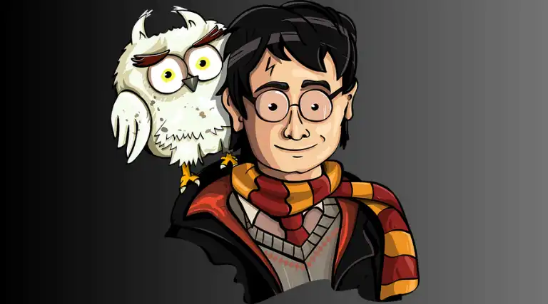 Cartoon illustration of Harry Potter with Hedwig the owl perched on his shoulder.